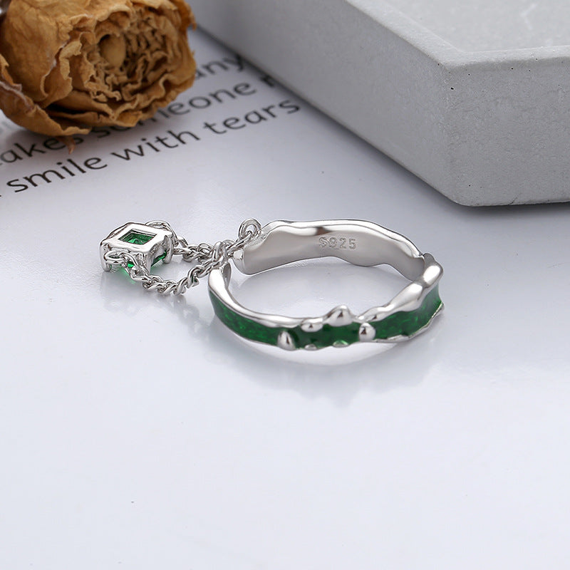 sterling silver green glaze chain zircon ring, view 5 - MRSLM