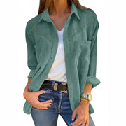 Women's green corduroy shirt jacket, view 3 - MRSLM