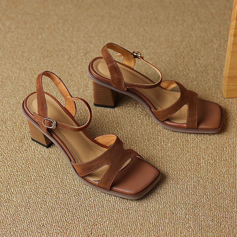 open toe leather sandals with chunky heel, view 10 - MRSLM