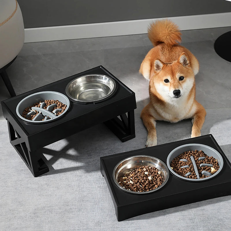 stainless steel elevated pet bowls with slow food bowl, view 5 - MRSLM