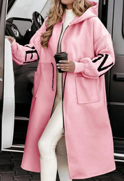 hooded long trench coat with pockets and drawstring, view 2 - MRSLM