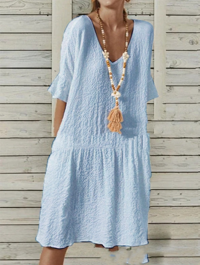 bell sleeve v-neck a-line dress, view 7 - MRSLM