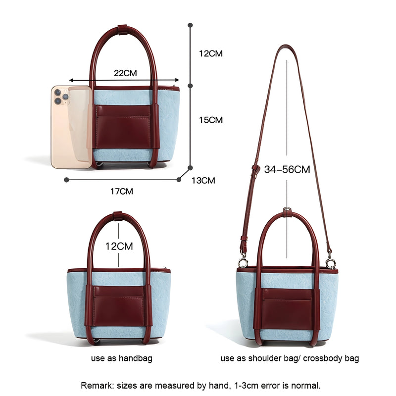 Mini denim and leather crossbody tote, view 6 - MRSLM