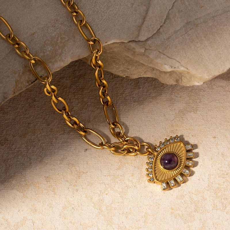 stainless steel evil eye amethyst necklace, view 6 - MRSLM