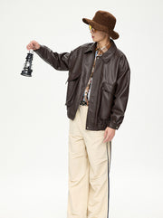 retro lapel pu leather jacket men, view 10 - MRSLM