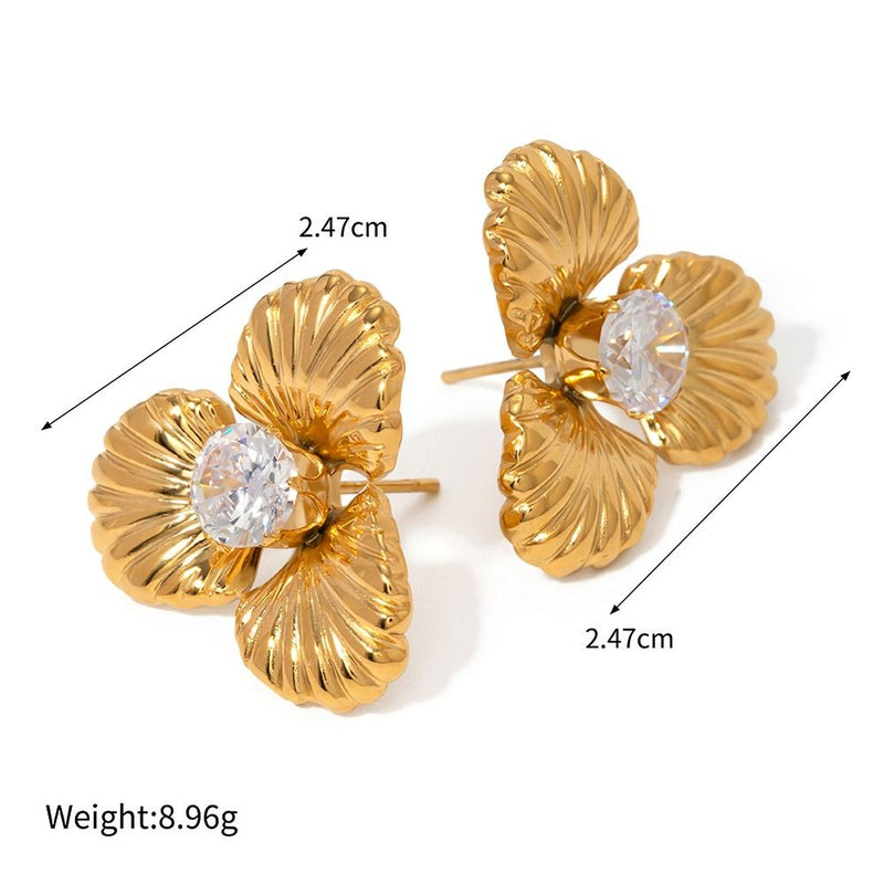 Gold-plated zircon flower stud earrings, view 2 - MRSLM