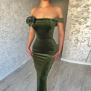 velvet flower off-shoulder dress - MRSLM