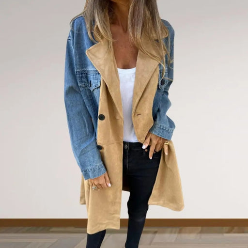 suit collar denim stitching mid-length coat - MRSLM
