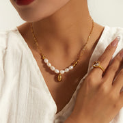 pearl pendant necklace with gold drop, view 4 - MRSLM
