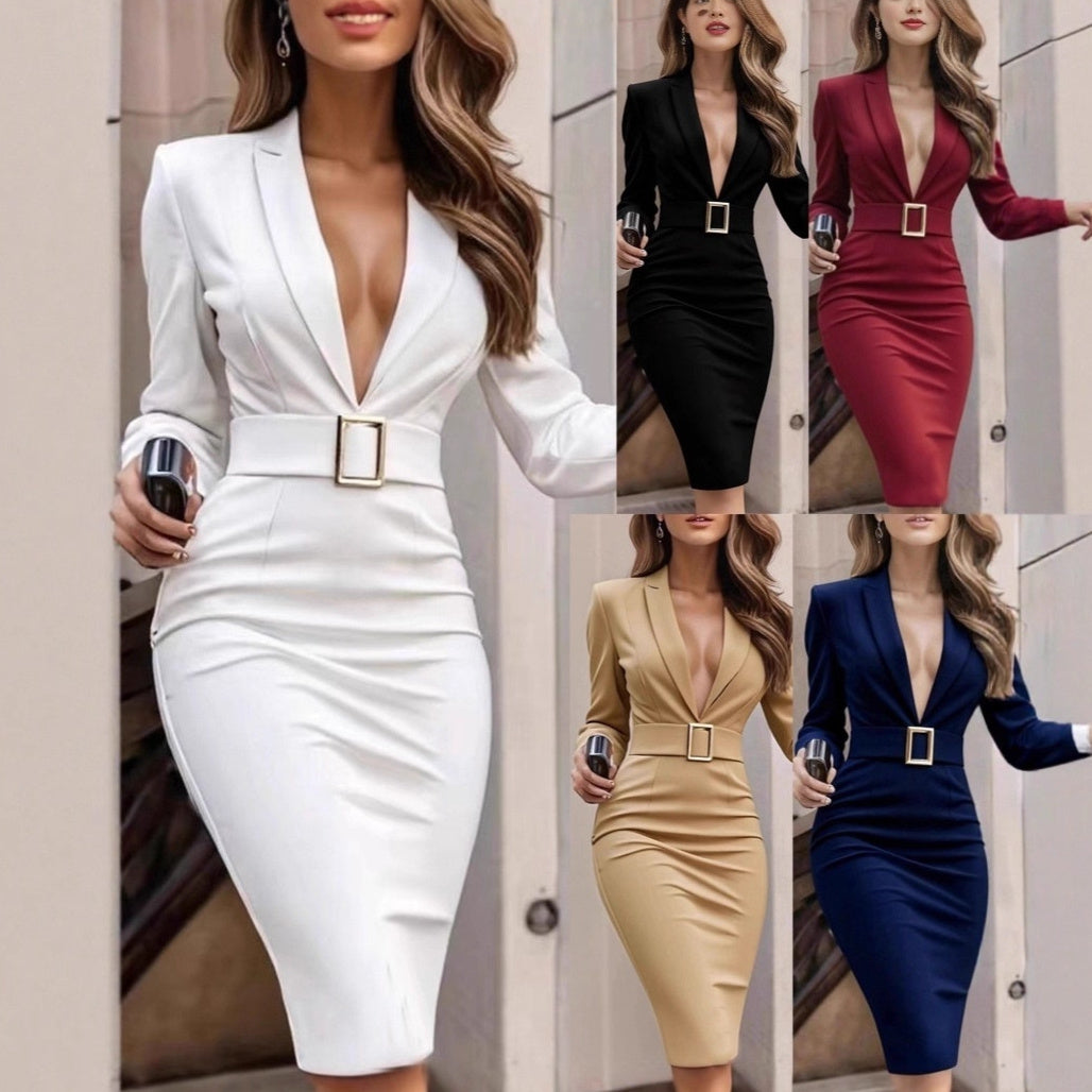 Solid Color Sexy V-neck Long Sleeve Bodycon Dress