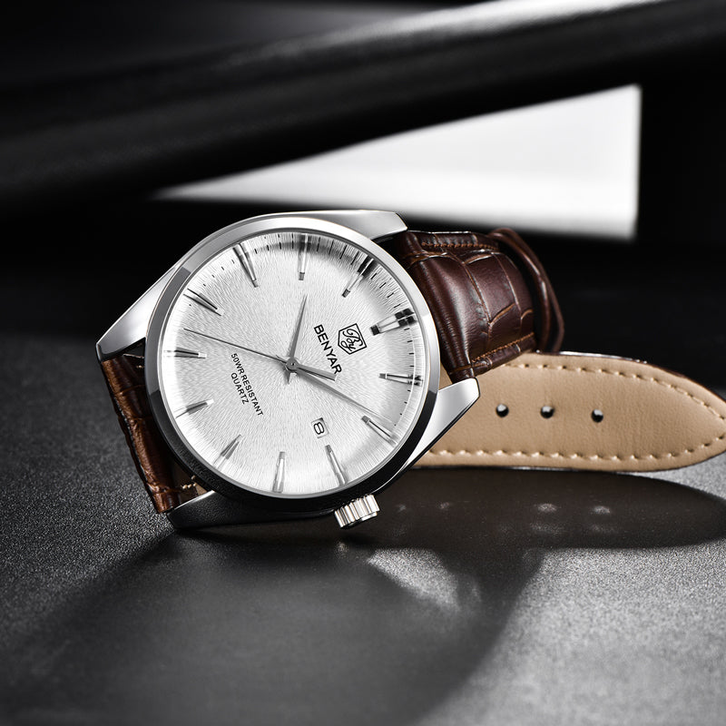 men's leather band quartz watch, view 6 - MRSLM