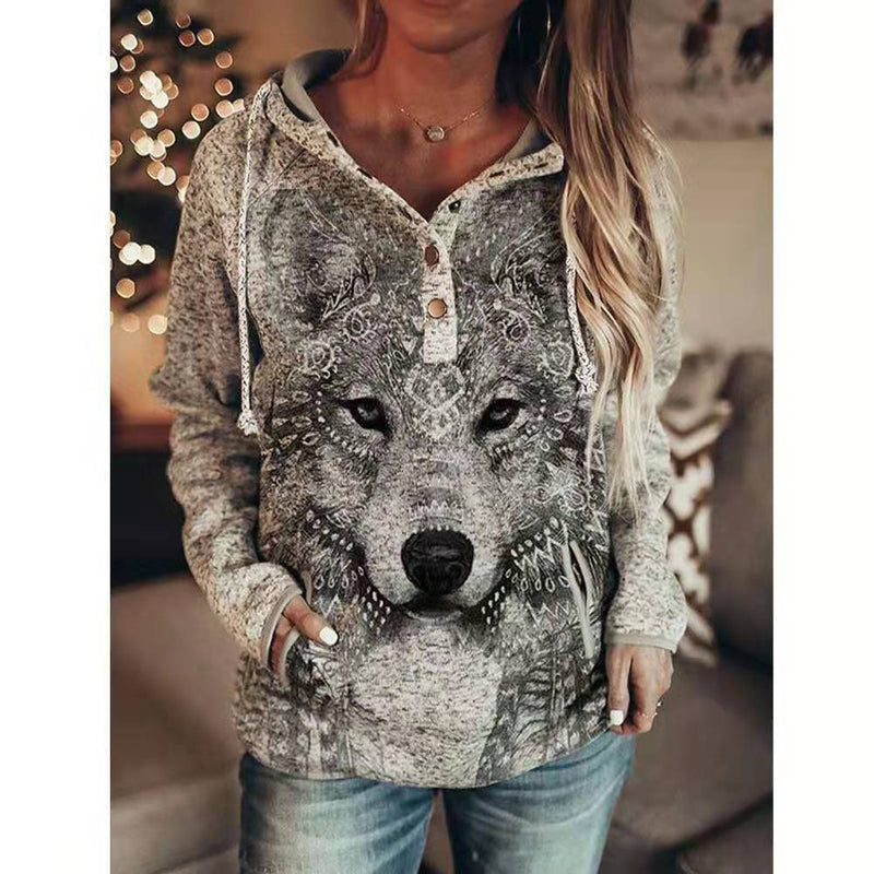 women's animal wolf print hoodie, view 2 - MRSLM
