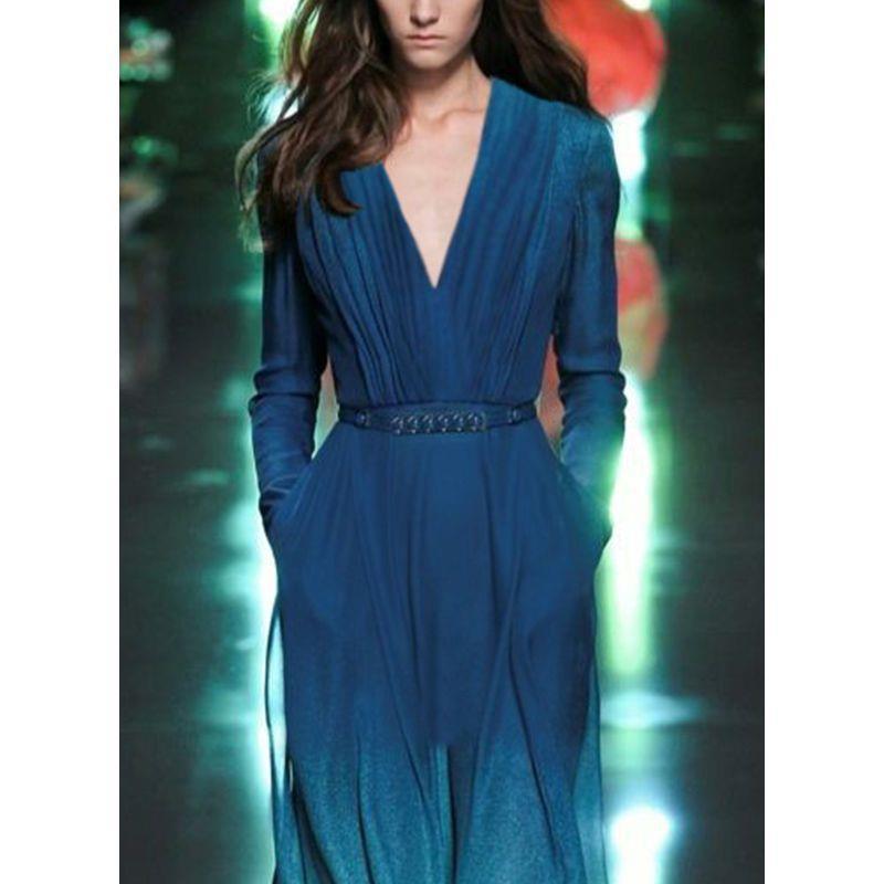long sleeve v-neck gradient green dress with belt, view 4 - MRSLM