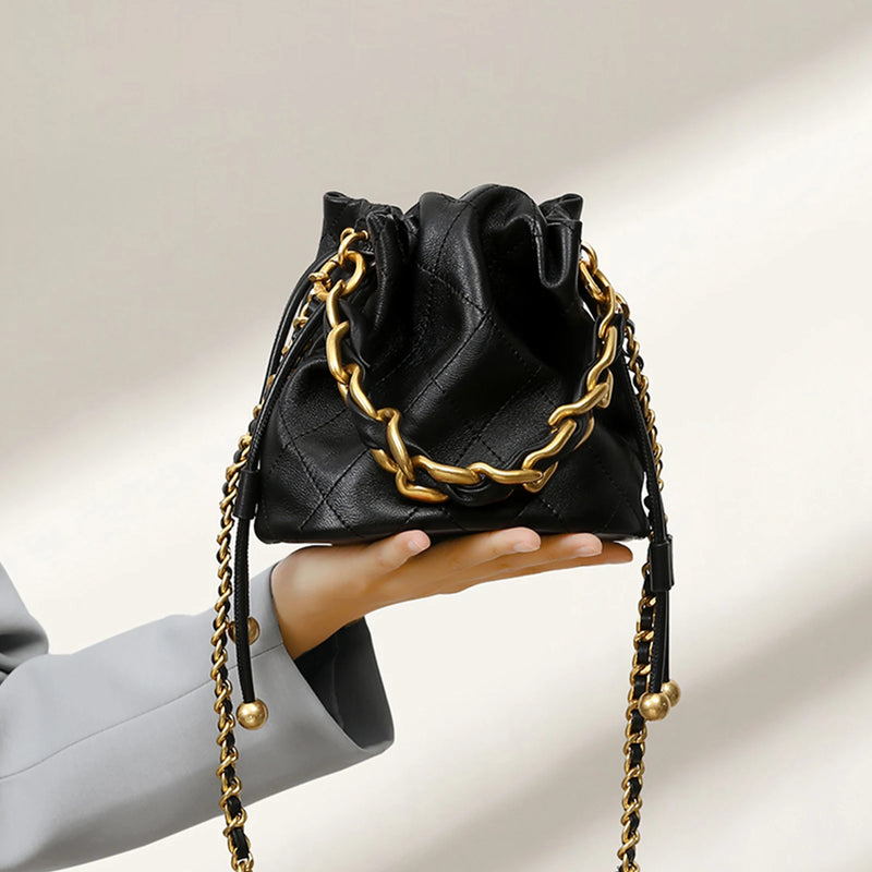 genuine leather quilted drawstring bucket bag, view 6 - MRSLM