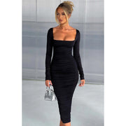 long sleeve ruched midi dress, view 3 - MRSLM