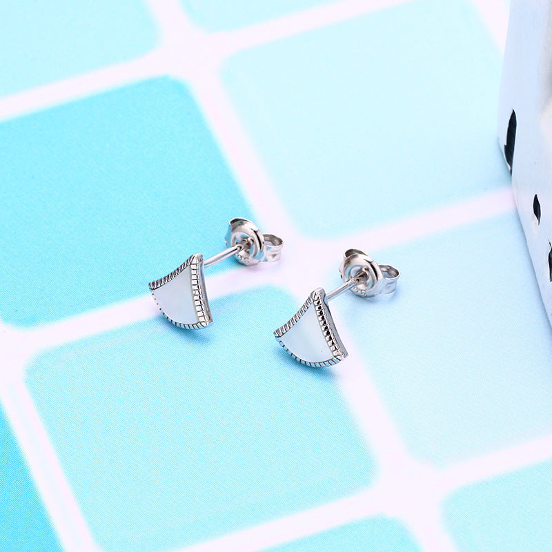 white shell skirt stud earrings, view 3 - MRSLM