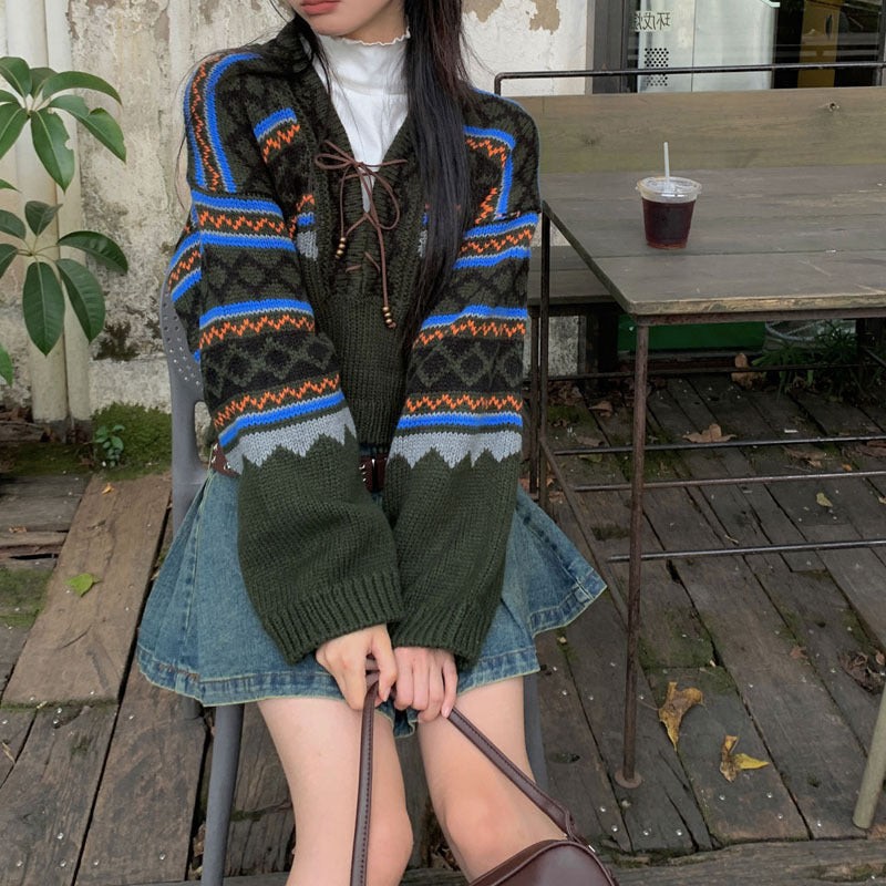 women's retro loose knit pullover sweater green - MRSLM