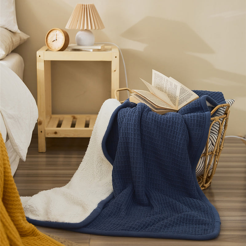 classic waffle plaid cotton knitted throw blanket, view 2 - MRSLM