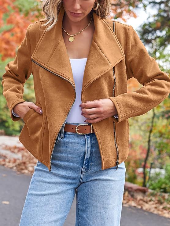 women's short suede motorcycle jacket, view 6 - MRSLM
