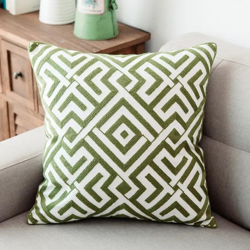 green geometric embroidered cushion cover, view 4 - MRSLM