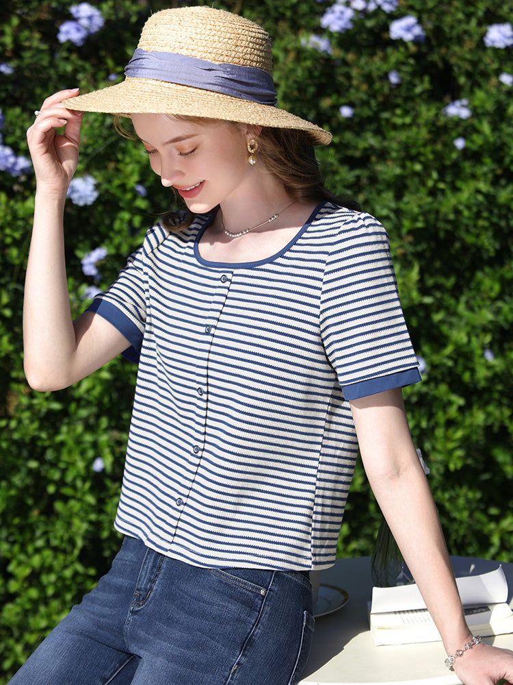summer striped slim-fit knit tee, view 5 - MRSLM
