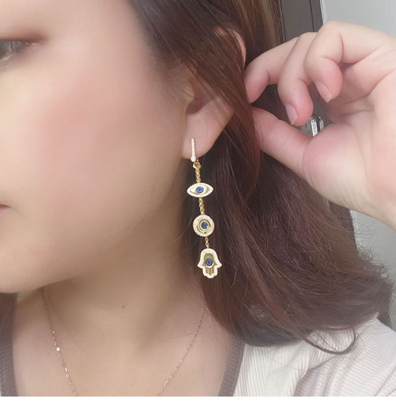 women's long evil eye drop earrings, view 4 - MRSLM
