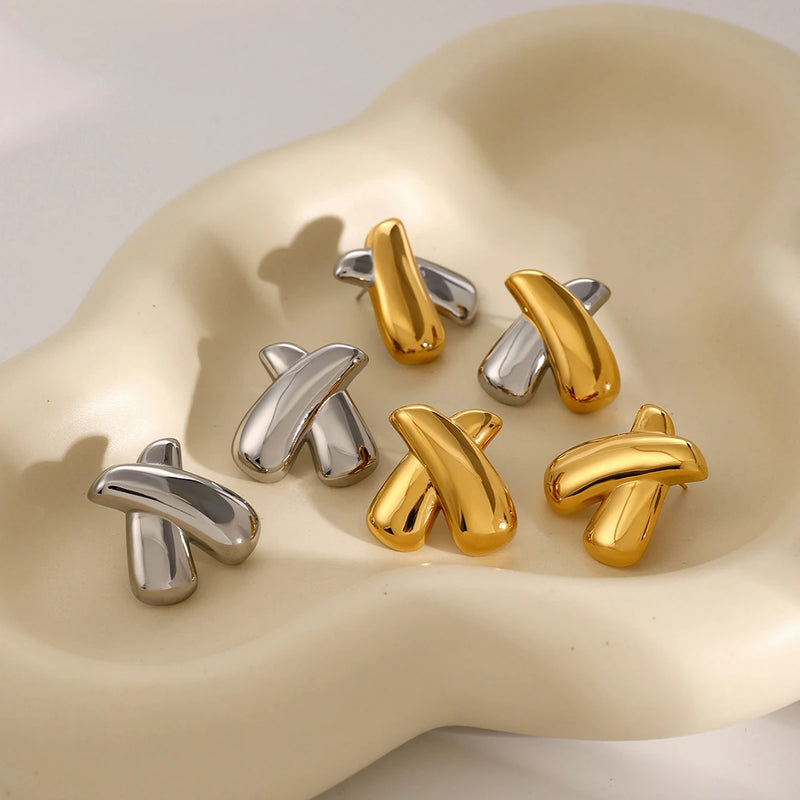 gold plated chubby X stud earrings, view 7 - MRSLM