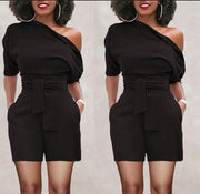 women's shoulder button one-piece shorts romper, view 2 - MRSLM