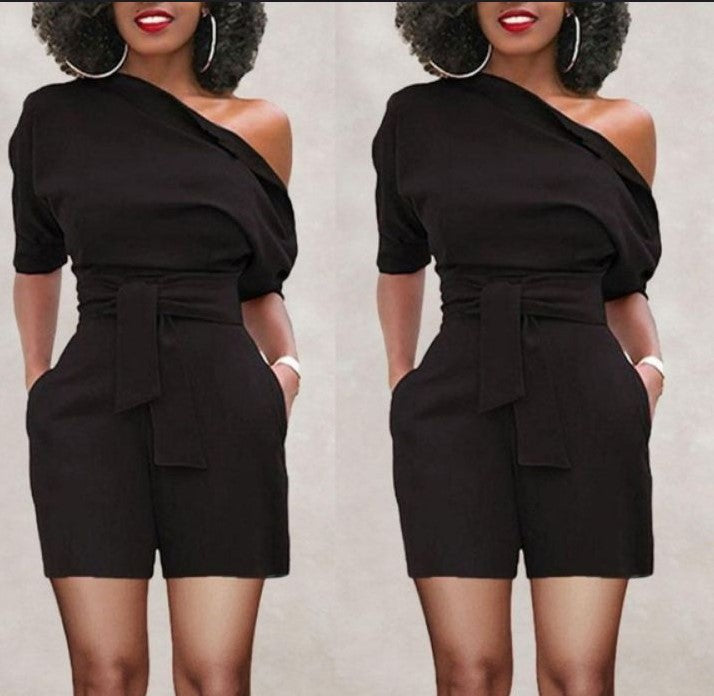women's shoulder button one-piece shorts romper, view 2 - MRSLM