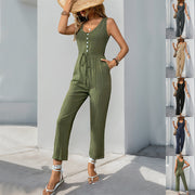 V-neck sleeveless jumpsuit with belt and pockets - MRSLM