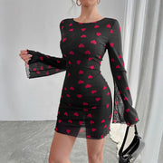 heart print flare sleeve backless mesh dress, view 3 - MRSLM