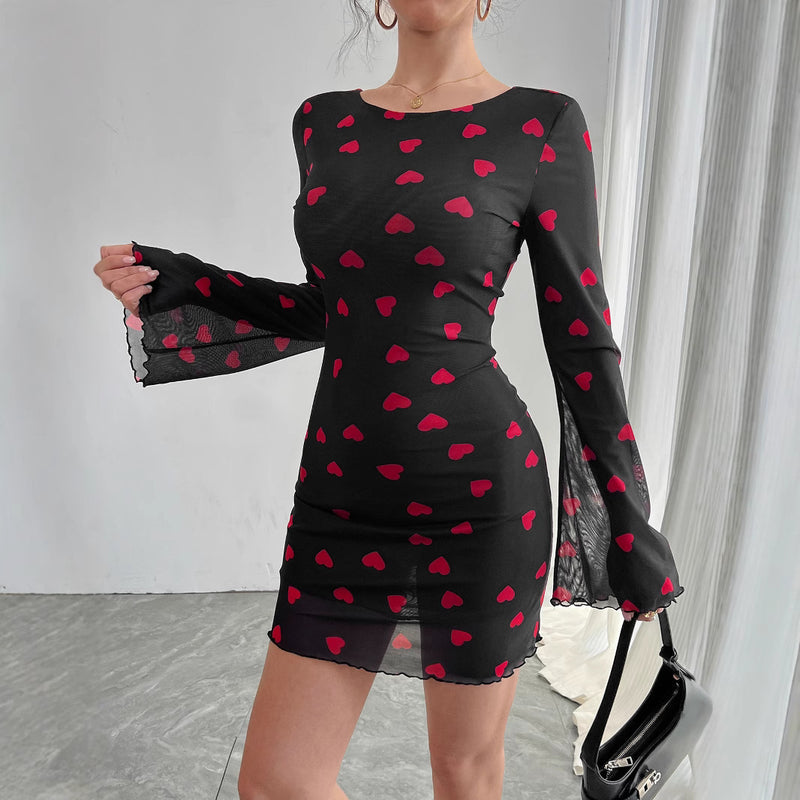 heart print flare sleeve backless mesh dress, view 3 - MRSLM