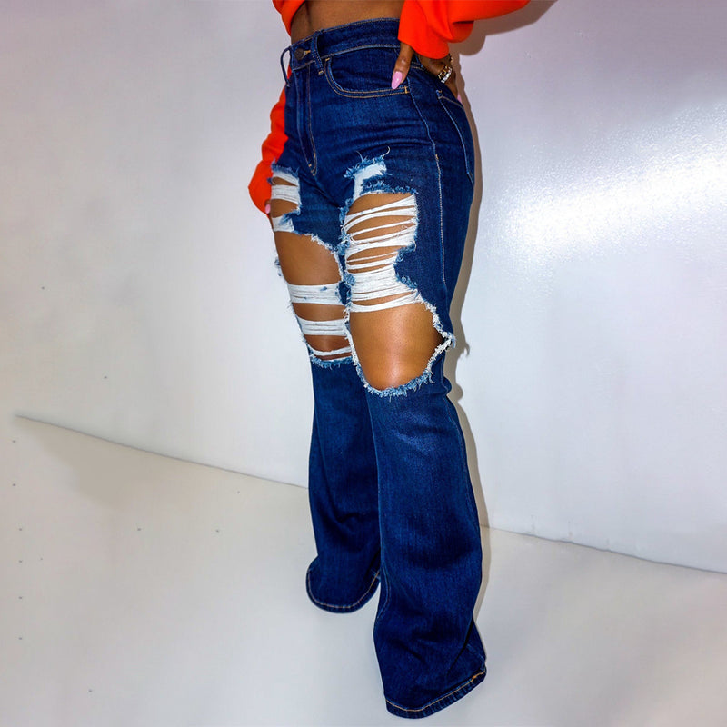 Lady High Stretch Jeans Wide Leg Trousers Ripped