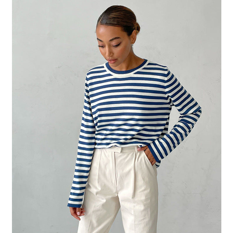 round neck knitted striped sweater, view 4 - MRSLM