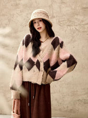 women's plaid v-neck cardigan sweater, view 3 - MRSLM
