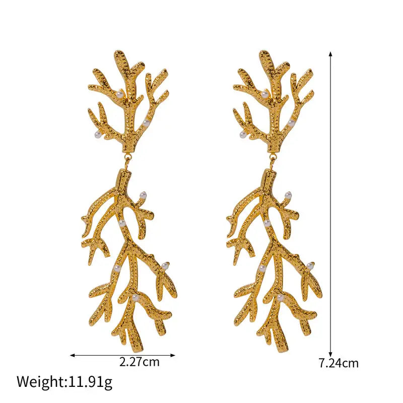 gold coral pearl pendant earrings, view 2 - MRSLM