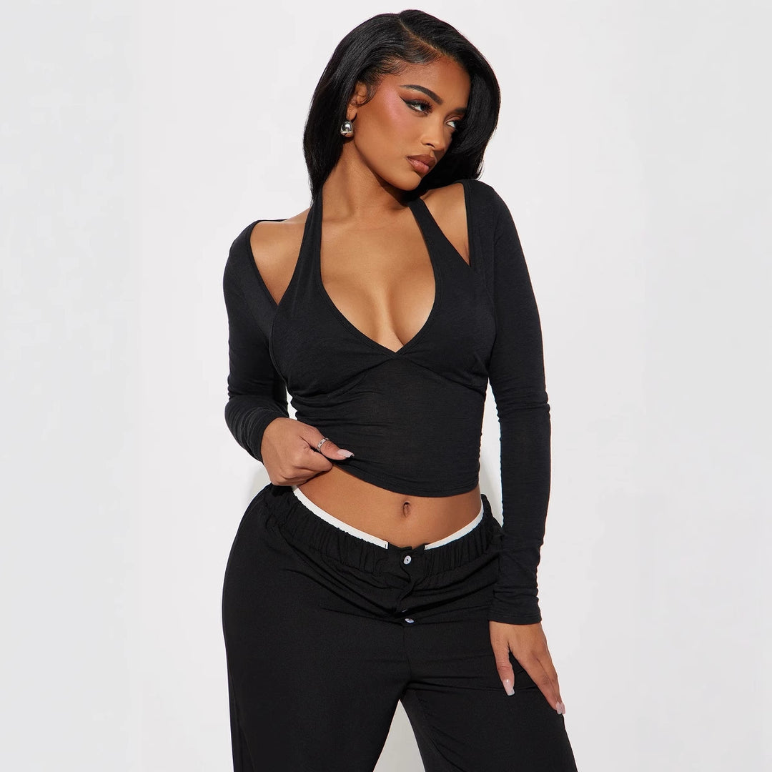 Women's Off-the-shoulder V-neck Fake Two-piece Top Slim Fit