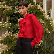 sheer silk mesh bow-tie blouse, view 3 - MRSLM