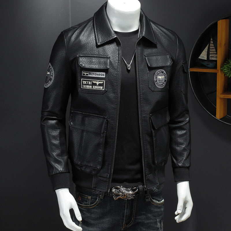 men's slim fit PU leather coat, view 4 - MRSLM
