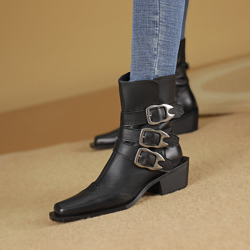 genuine leather square toe chunky heel ankle boots, view 3 - MRSLM