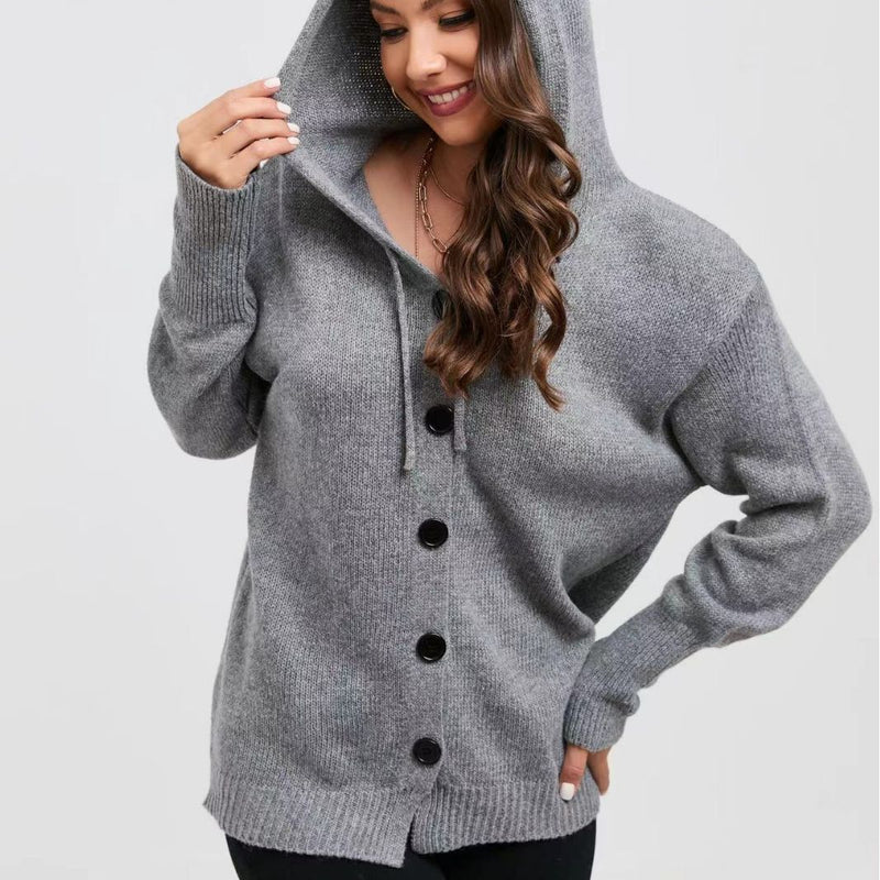 women's hooded single-breasted knit sweater, view 2 - MRSLM