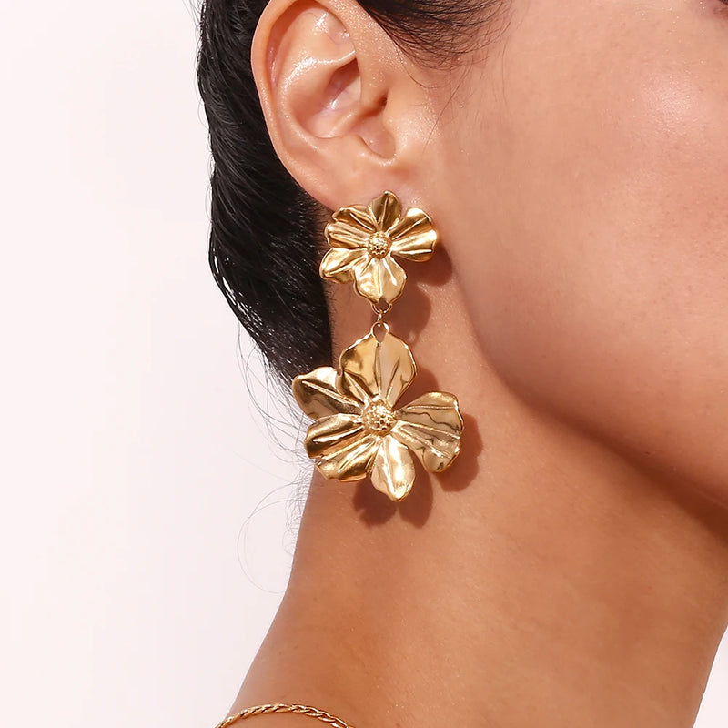gold plated two flower drop earrings, view 3 - MRSLM