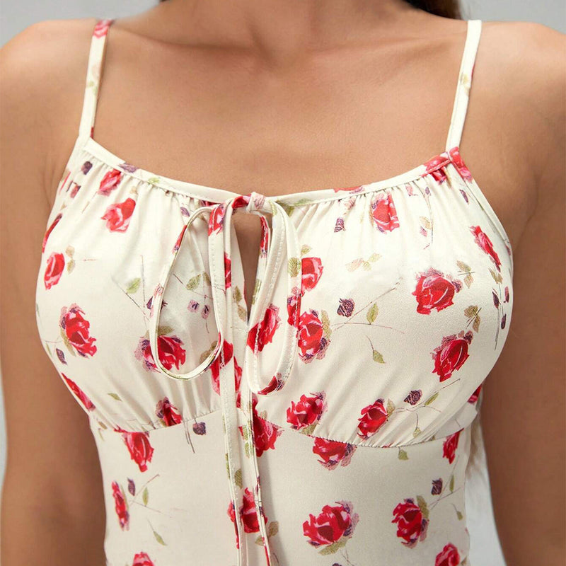 Printed suspender split dress with lace-up waist, view 3 - MRSLM