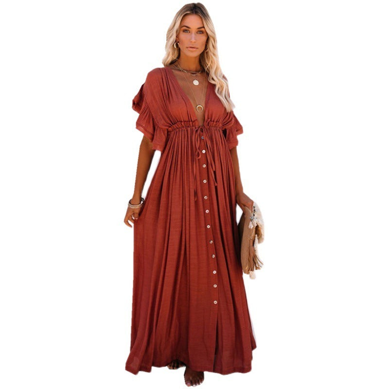 Solid color beach cover-up long dress, view 5 - MRSLM
