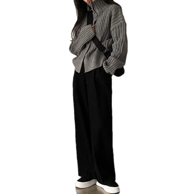 women's high neck ribbed cardigan sweater, view 2 - MRSLM