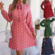 polka dot self-tie long sleeve pleated dress - MRSLM