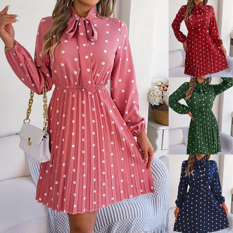 polka dot self-tie long sleeve pleated dress - MRSLM