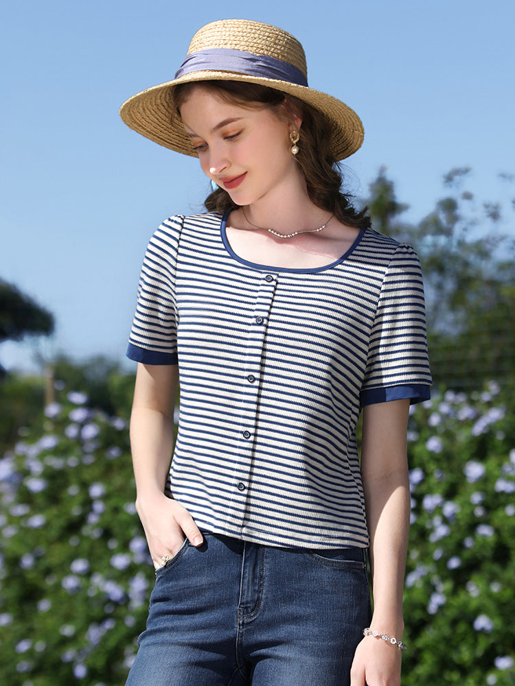 summer striped slim-fit knit tee, view 4 - MRSLM