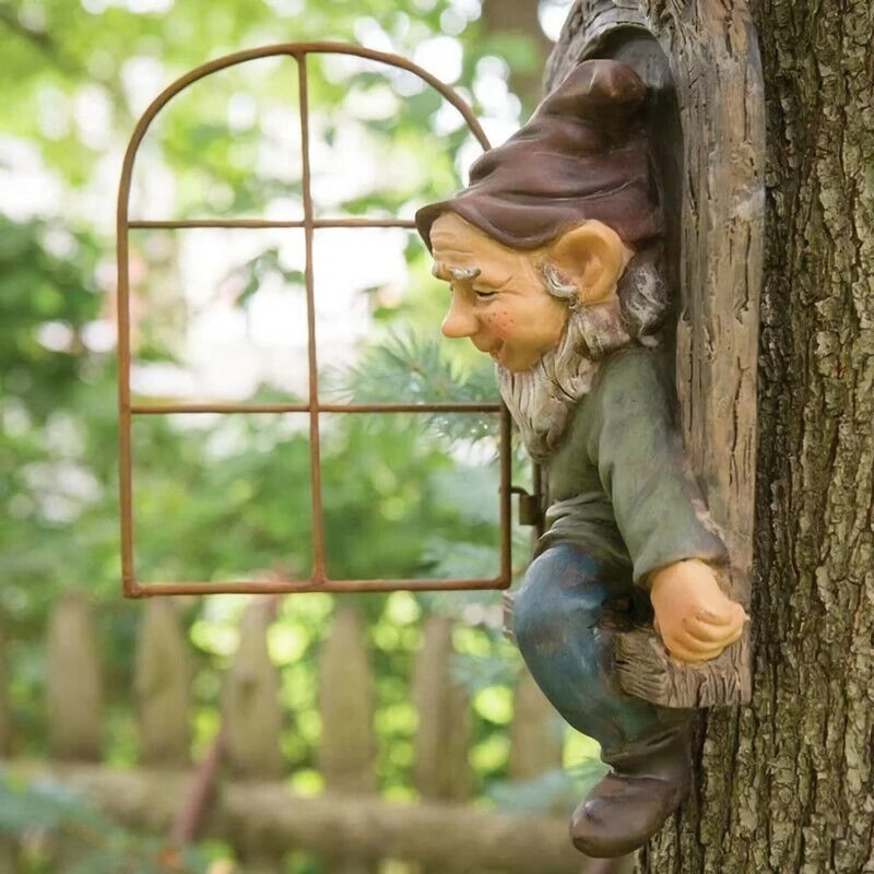 Naughty elf tree hugger garden statue, view 4 - MRSLM
