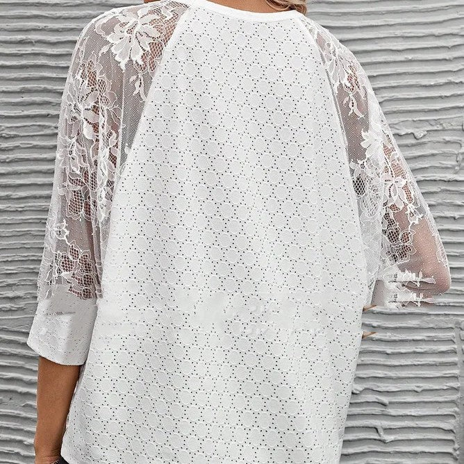 women's lace patchwork round neck top, view 3 - MRSLM